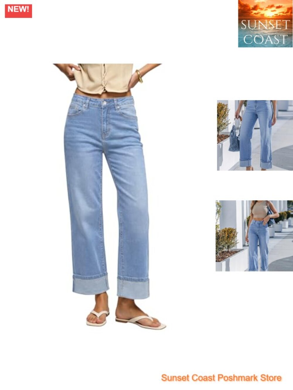 Women's High Waisted Wide Leg Cuffed Jeans Stretchy Denim Trousers